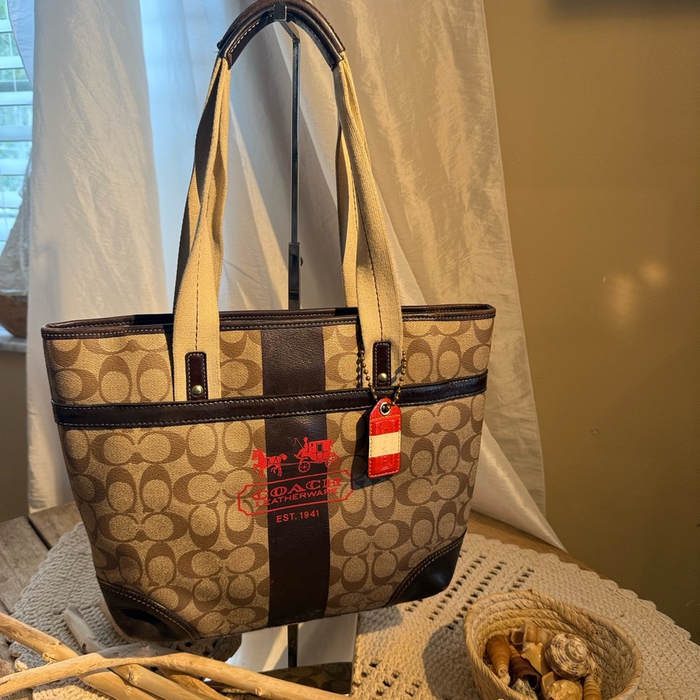 Coach Brown and Tan Signature Tote with Red Accents difficult to find Vintage